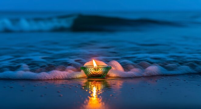 A serene candle gently glowing on a dark beach as soft ocean waves wash around it.