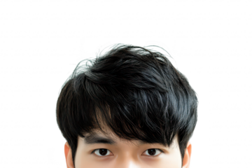 A close-up portrait of a young man with dark. stylish hair and expressive eyes. set against a plain white background. conveying a sense of confidence and approachability for use in personal branding