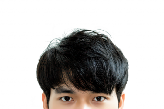 A close-up portrait of a young man with dark. stylish hair and expressive eyes. set against a plain white background. conveying a sense of confidence and approachability for use in personal branding