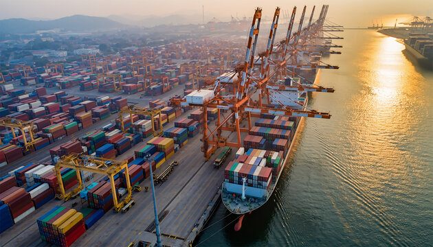 Aerial panorama of massive container port with cargo ship and extensive container yard at sunrise
