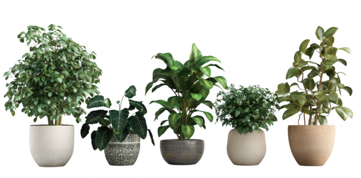 A display of five potted indoor plants diverse foliage and textures. arranged neatly against a minimalist white background. ideal for home decor inspiration