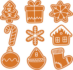 Set of Nine Gingerbread Christmas Cookies, Holiday Tree Snowflake Stocking Icons, Festive Winter Baking Sweet Food Vector Graphic Collection