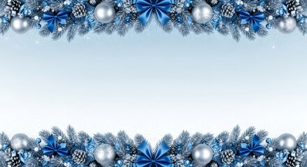 Christmas and New Year festive border. Holiday garland with blue fir branch, silver ornament, pine cone, and ribbon bow for greeting card. Winter decoration.