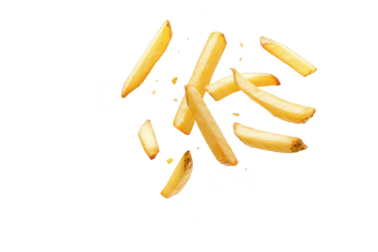 A dynamic arrangement of golden. crispy French fries floating against a clean white background. their texture and color. perfect for food-related advertisements or menus
