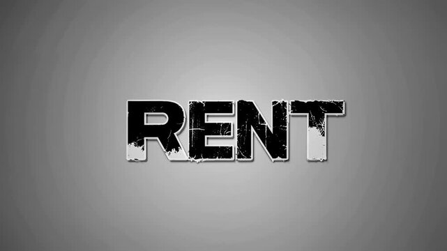 Minimalist video title design with the word 'RENT' in bold, distressed black font on a gray background. Front-facing camera angle enhances focus.
