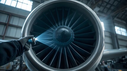 Aviation Safety: Close-Up of Engineer Performing Maintenance on Airplane Engine