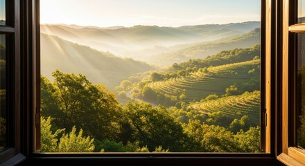View through an open wooden window frame overlooking a sunlit, misty valley covered in lush green rolling hills and dense forest foliage during a bright morning