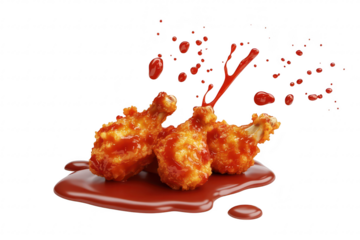 Crispy fried chicken wings coated in spicy sauce. splattering droplets against a clean white background. ideal for food advertisements or culinary blogs delicious recipes