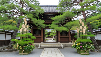 Traditional Japanese architecture of a Buddhist temple pagoda set within an oriental garden landscape in Asia