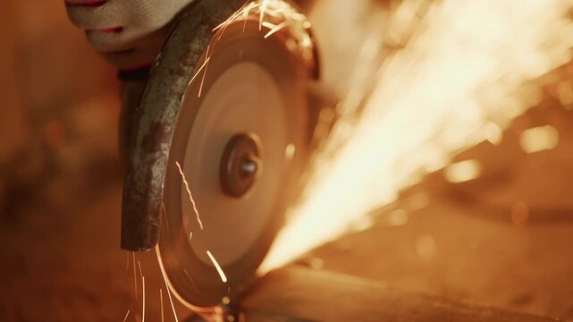abrasive wheel cutting metal plate with shower of sparks, high speed rotation and glowing embers, close framing on disc and cutting line, gritty workshop environment, dramatic