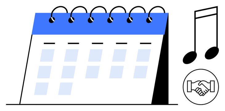 Event planning concept. A calendar, music note, and handshake highlight event planning essentials. Event planning involves schedules, partnerships, and music organization. For organizers, events