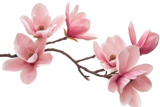 A serene close-up of delicate pink magnolia flowers blooming on a slender branch. set against a clean white background. creating a tranquil and elegant atmosphere for nature-themed designs