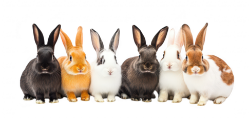 A group of six adorable rabbits of various breeds and colors sitting in a row against a clean white background. their fluffy fur and distinct features. ideal for pet-themed content