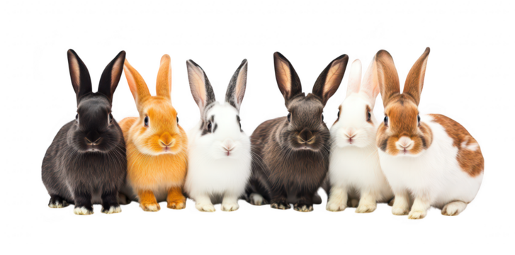 A group of six adorable rabbits of various breeds and colors sitting in a row against a clean white background. their fluffy fur and distinct features. ideal for pet-themed content