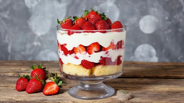 strawberries trifle with layer cream and cake.ai 
