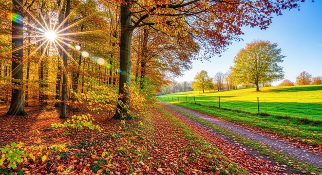Vibrant autumn forest scene with sun flare shining through colorful fall foliage lining a dirt path bordering a bright green field under a clear blue sky