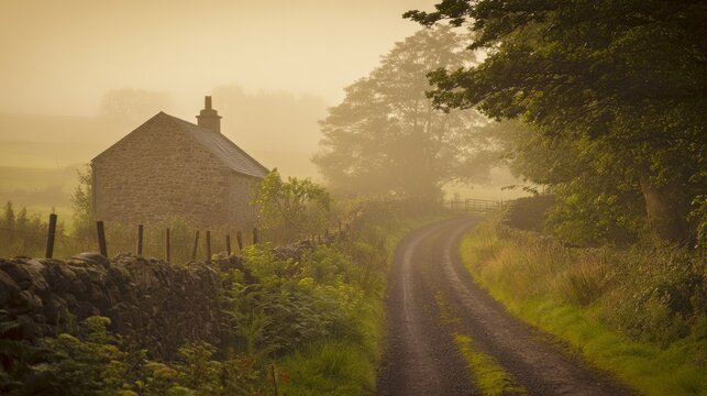 enthalpy. Misty country lane leading to a distant stone cottage. lifestyle magazines, social media lookbooks, designed for influencer and brand collaborations, used by SEO specialists.
