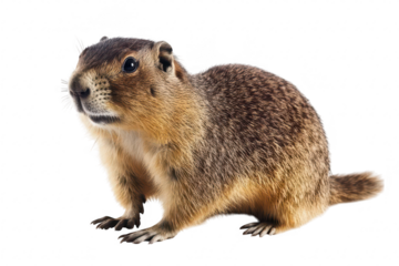 A close-up view of a curious ground squirrel standing on its hind legs. its detailed fur and whiskers against a plain white background. ideal for wildlife and animal photography