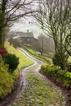 enthalpy. Misty country lane leading to a distant stone cottage. lifestyle magazines, social media lookbooks, designed for influencer and brand collaborations, used by SEO specialists.
