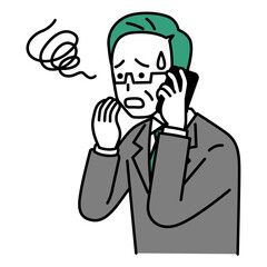 スマートフォンでの通話で困惑する中年のスーツの男性