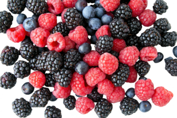 A assortment of fresh raspberries. blackberries. and blueberries artistically arranged on a white background. their rich colors and textures. ideal for culinary or health-related content