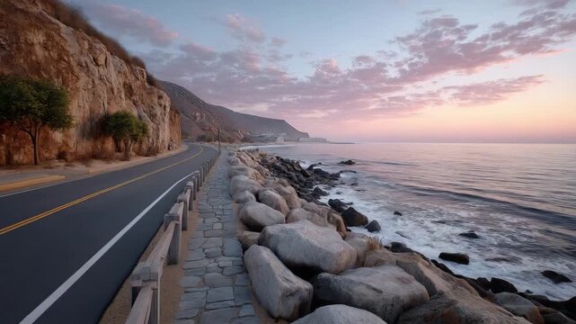 A serene coastal road bordered by lush trees and rocky oceanfront. The sunset casts vibrant colors across the sky and calm waters. Perfect for travel themes.