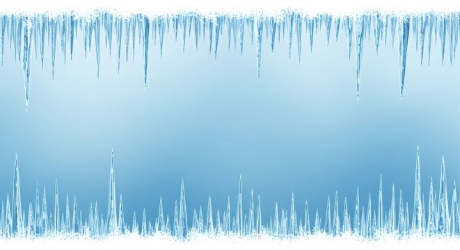 Cold blue sky background with icicle border. Winter freeze concept for seasonal greeting card, Christmas designs.