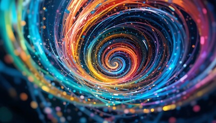 Abstract swirling vortex of vibrant, colorful, glowing lines against a dark background