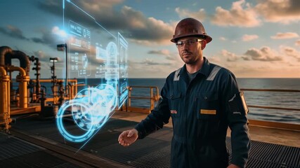 Male engineer in hard hat uses futuristic holographic interface on offshore platform at sunset - Powered by Adobe