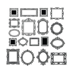 Vintage engraving illustration set of highly ornate picture frames and decorative borders in various shapes