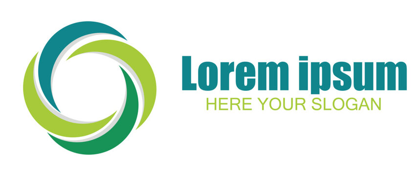 Abstract circular logo with swirling green and teal elements, lorem ipsum text and slogan, isolated on white background