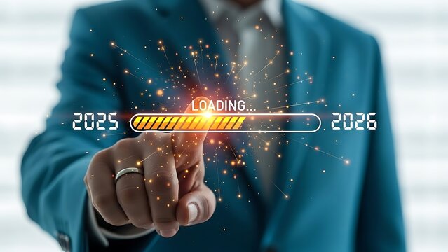 Businessperson touches loading bar transitioning from 2025 to 2026 with sparkling light effects