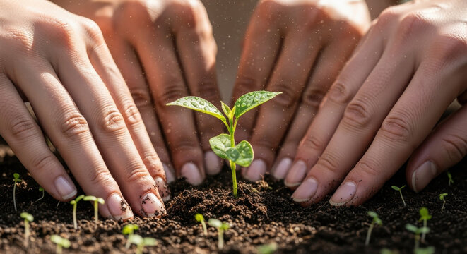 Close-up of diverse hands planting a seedling in soil symbolic unity for green initiatives.