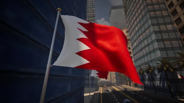 Bahrain national flag waving proudly along a modern city street in daylight, surrounded by towers, palm trees and traffic movement. 
