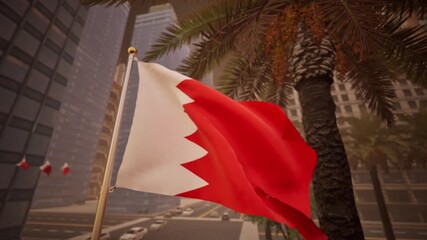 Bahrain national flag waving with fresh morning sunlight reflecting on towers, palm trees and streets in a modern urban environment. 