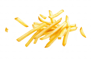 A dynamic display of golden. crispy French fries suspended in mid-air against a clean white background. perfect for food advertising or culinary presentations