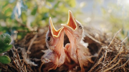 Obraz premium pragmatism. Newborn birds in nest with open beaks, soft morning light. wildlife magazines, conservation campaigns, designed for wildlife conservation campaigns. 