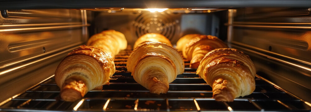 Golden Croissants Baking: Warm, freshly baked croissants glow inside the oven, their flaky layers browning to a perfect golden hue. The inviting aroma of freshly baked bread. - Powered by Adobe