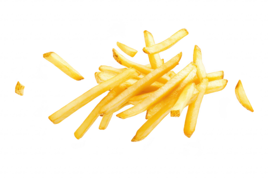 A dynamic display of golden. crispy French fries suspended in mid-air against a clean white background. perfect for food advertising or culinary presentations