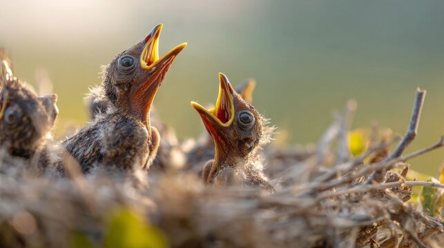 pragmatism. Newborn birds in nest with open beaks, soft morning light. wildlife magazines, conservation campaigns, designed for wildlife conservation campaigns.
