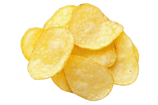 A close-up view of a pile of crisp. golden potato chips arranged on a clean white background. their texture and color. ideal for food-related content or snack advertisements