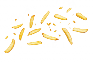 A dynamic arrangement of golden. crispy French fries scattered artistically on a clean white background. their texture and color. ideal for food-related marketing or culinary use
