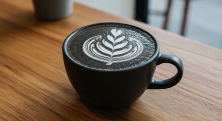 Black Latte Art Coffee Cup on Wooden Table