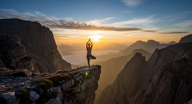 Serene woman practices yoga tree pose on a dramatic mountain cliff edge, embracing balance and mindfulness amidst a breathtaking sunset panorama, symbolizing harmony with nature