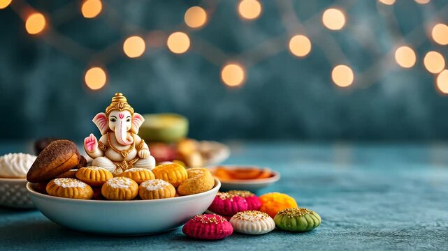 Ganesh chaturthi celebration with traditional sweets and festive lights bokeh