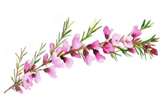 A delicate watercolor illustration of a flowering branch with pink blossoms and green leaves. the beauty of nature. ideal for botanical art prints or floral-themed designs