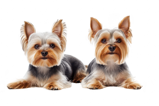 Two adorable Yorkshire Terriers lying side by side on a clean white background. their silky fur and expressive faces. ideal for pet-related content or advertisements