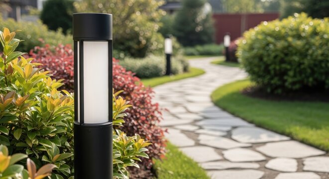 Modern black outdoor bollard light illuminating a winding flagstone garden path bordered by lush green and red foliage in a wellmaintained backyard landscape setting during the day