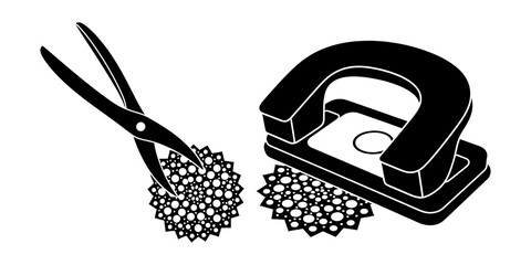 Crafting tools - paper punch and decorative scissors creating intricate patterns.