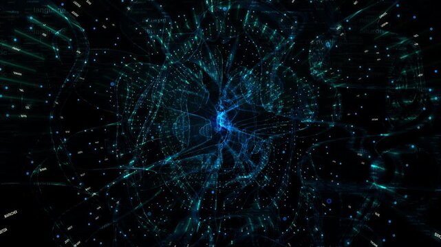 Futuristic travel into black space towards blue lightning neon glowing energy.